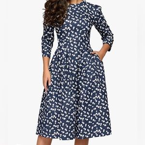 Vintage style floral midi, 3/4 sleeve evening dress